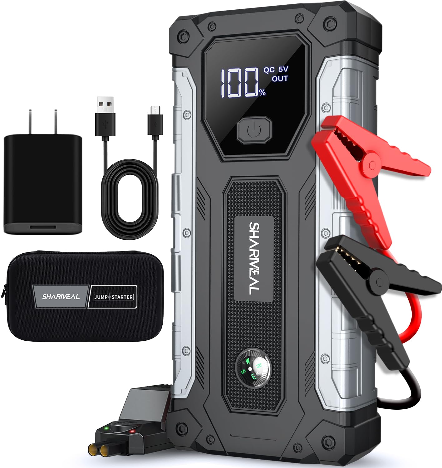Sharmeal 6000A jump starter front view shows compact portability for roadside starts.