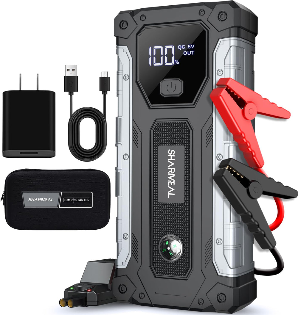 Sharmeal 6000A jump starter front view shows compact portability for roadside starts.