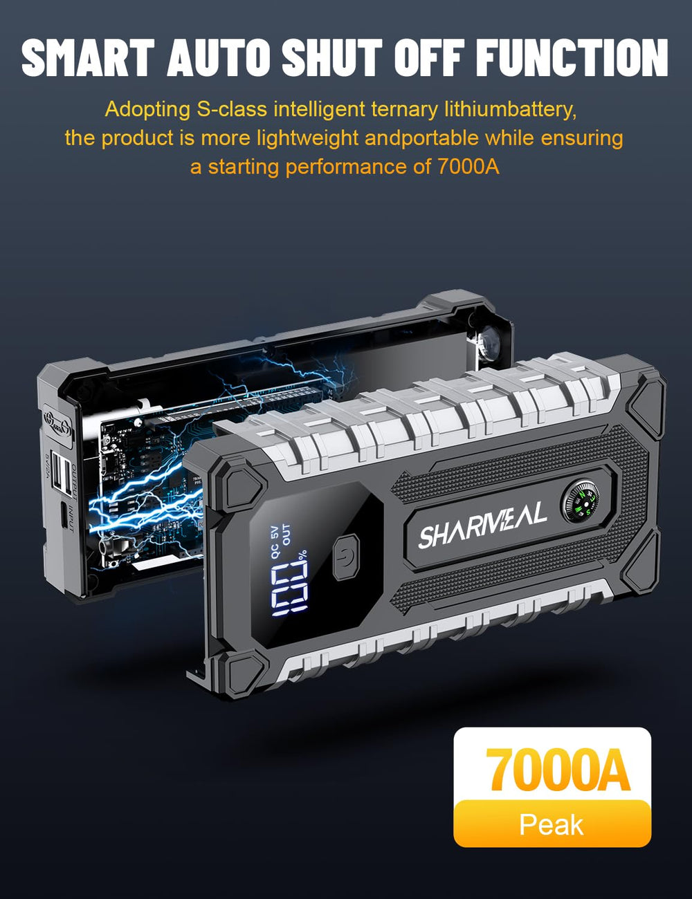 Sharmeal carrying case open with jump starter, cables, and charger organized for transport