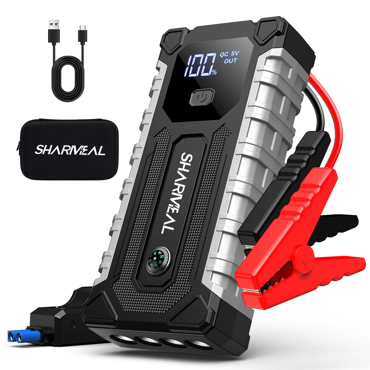 Sharmeal front view of jump starter showing compact design and branding for easy storage