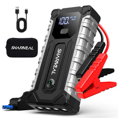 Sharmeal front view of jump starter showing compact design and branding for easy storage