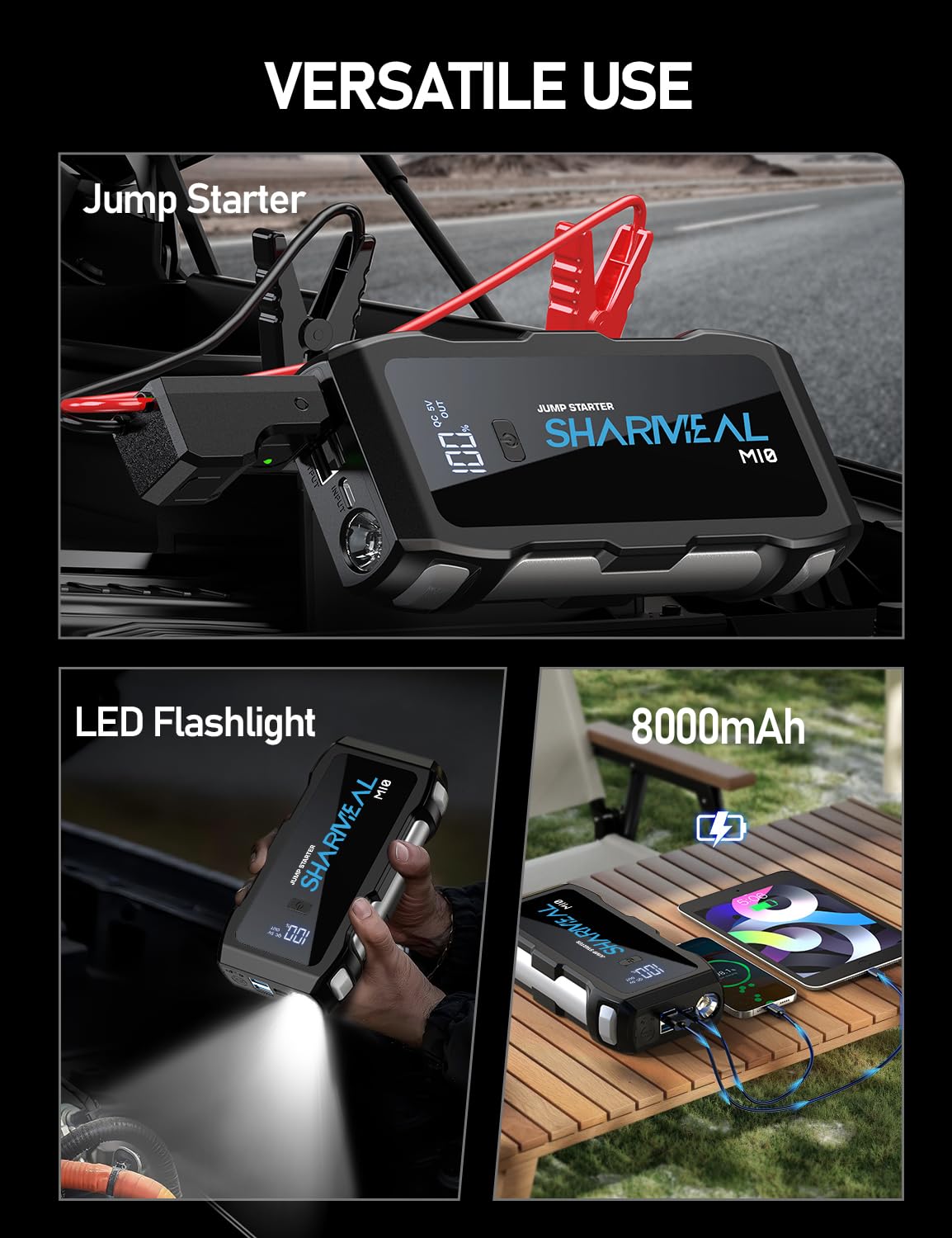 Sharmeal Jump Starter 5000A LED flashlight modes for night roadside tasks