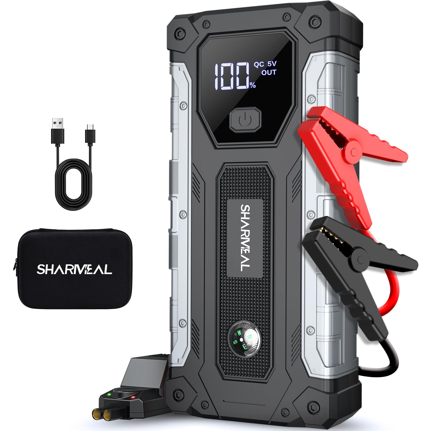 Sharmeal 5000A jump starter power unit for quick vehicle starts.