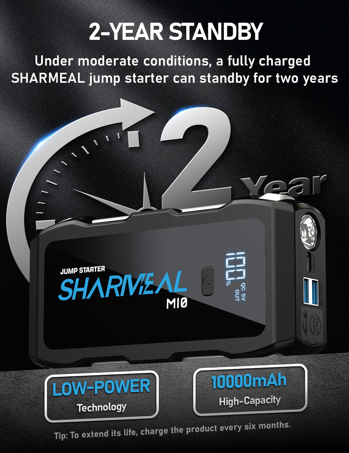 Sharmeal Jump Starter 6000A diesel capability supports up to 10.0L diesel engines.