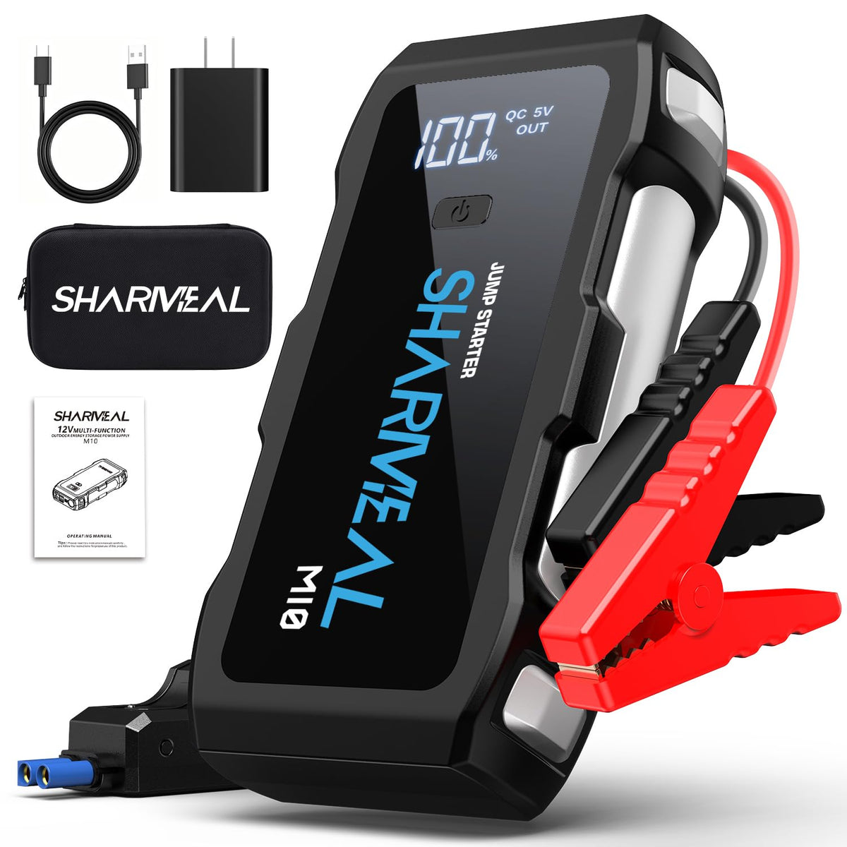 Sharmeal Jump Starter 6000A front view with cables ready for use.