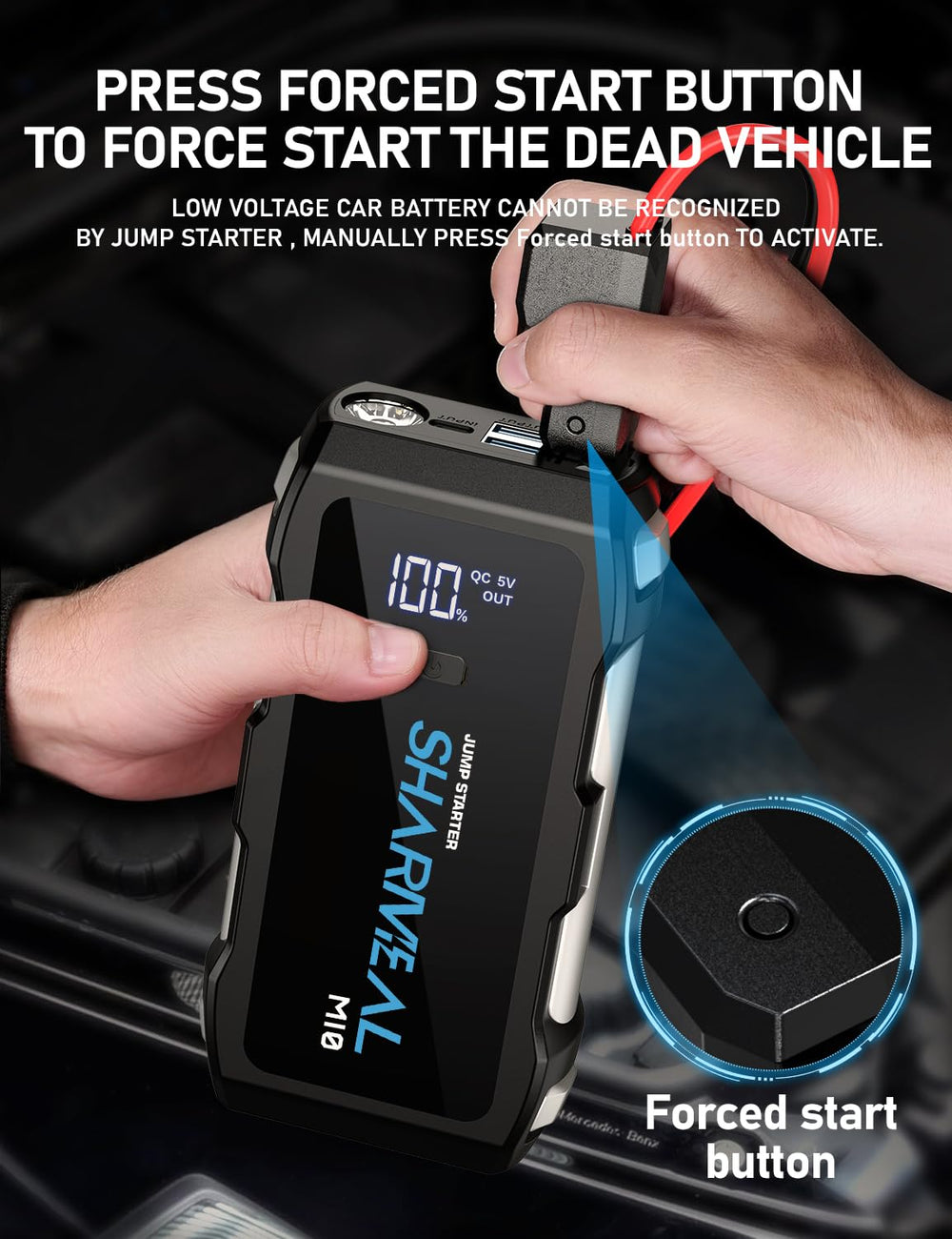 Sharmeal Jump Starter 6000A LED flashlight in three modes for roadside use.
