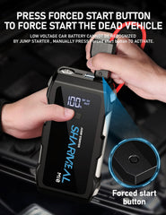 Sharmeal Jump Starter 6000A LED flashlight in three modes for roadside use.