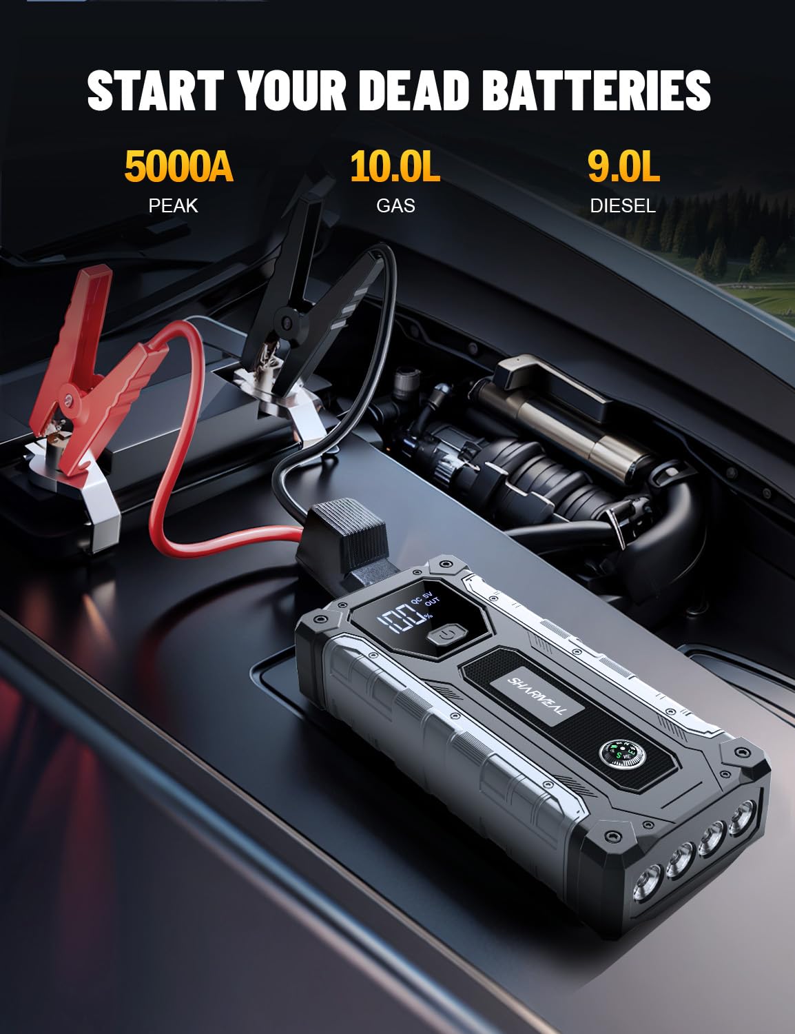 Sharmeal jump starter LED light provides roadside illumination.