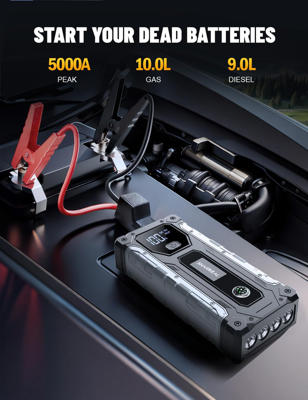 Sharmeal jump starter LED light provides roadside illumination.