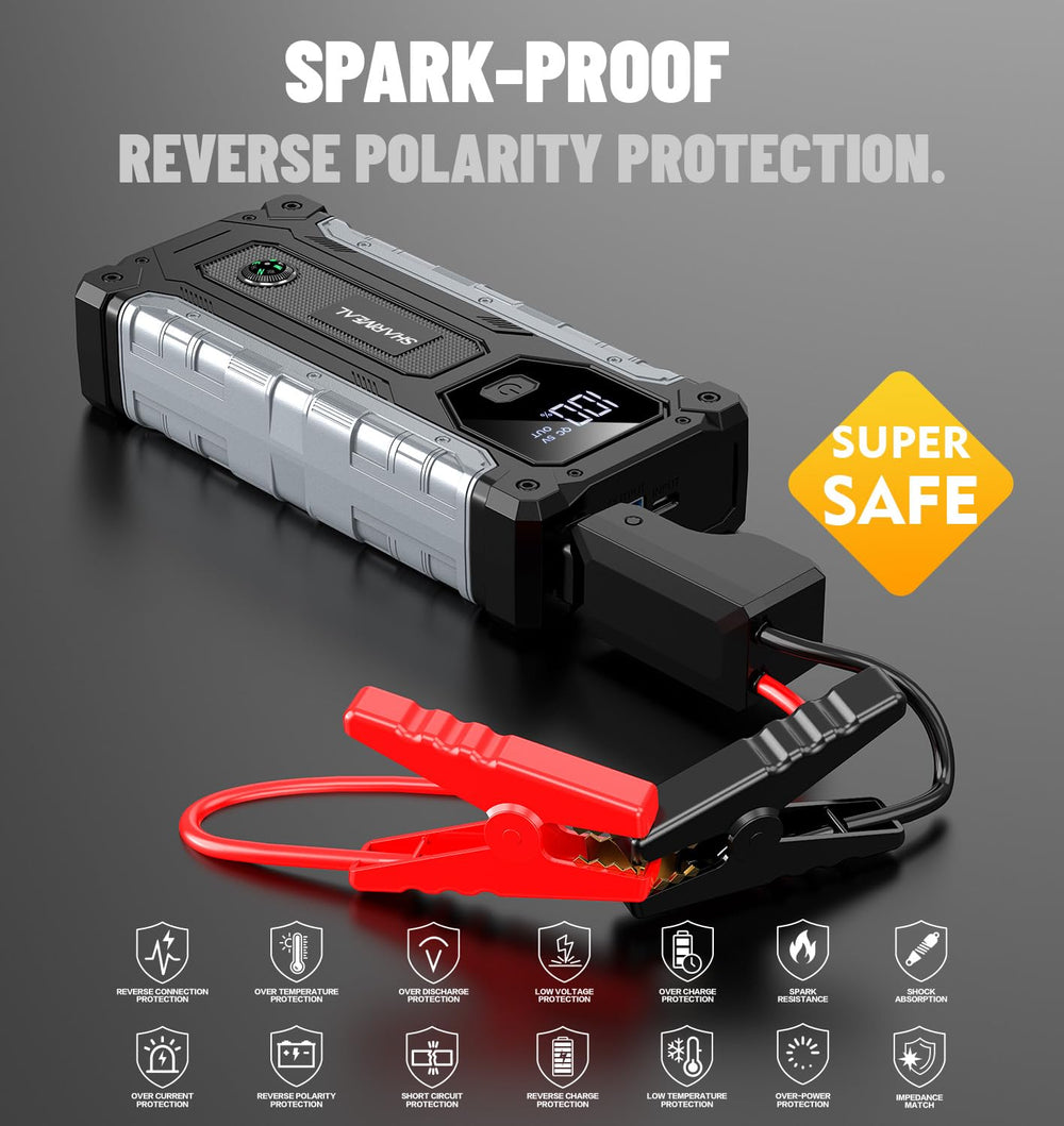 Sharmeal jump starter USB ports charge devices on the go.
