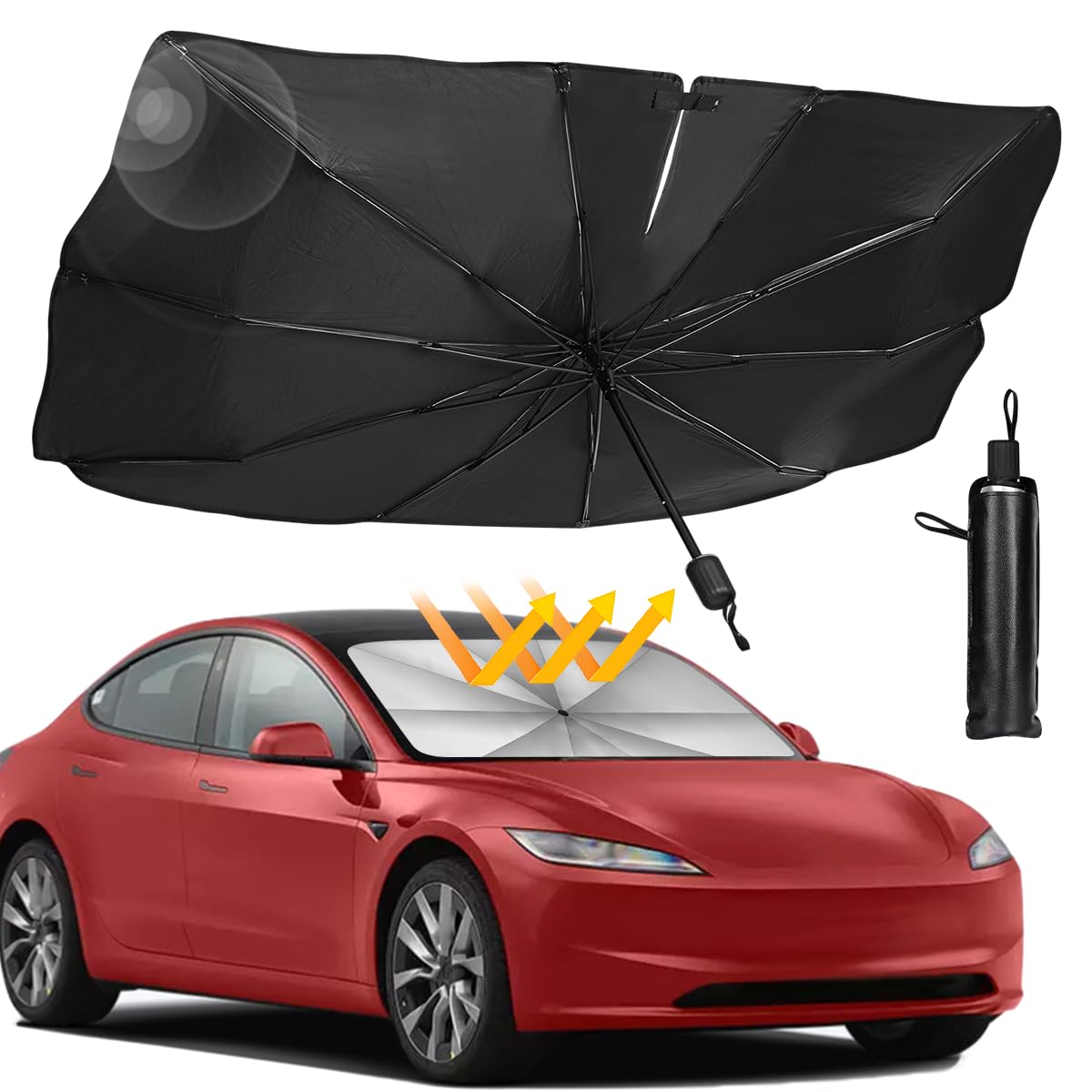 SHARPAI sun shade umbrella with open design fits around the rear-view mirror for a snug fit