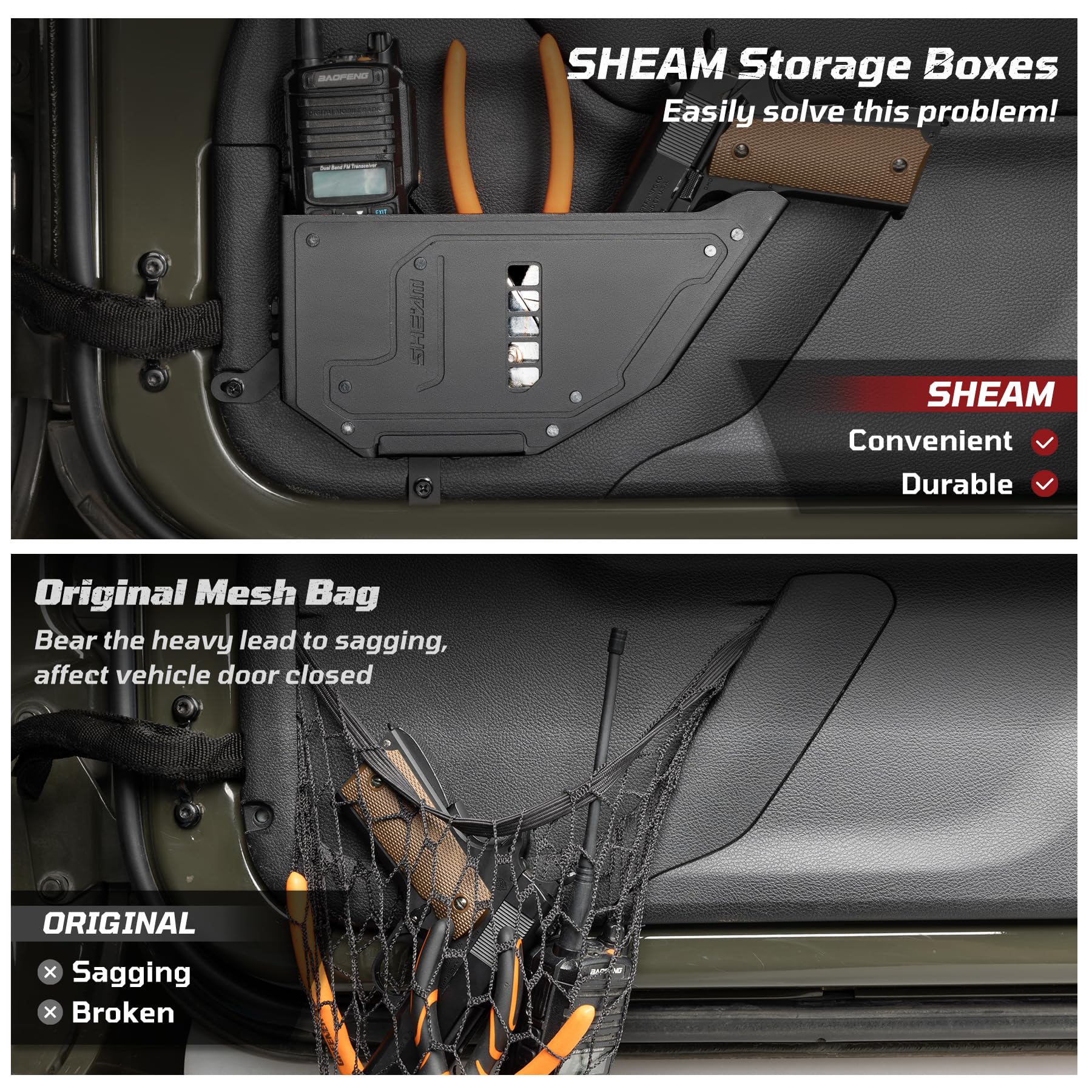Two-pocket SHEAM set in use holding phone and flashlight within reach