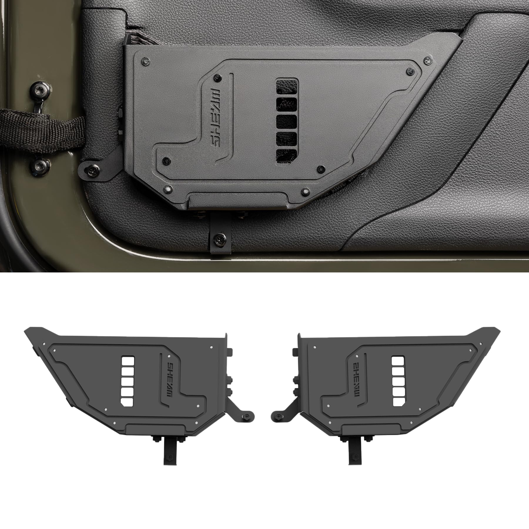 SHEAM metal front door pocket installed on Jeep Wrangler JK for organized storage