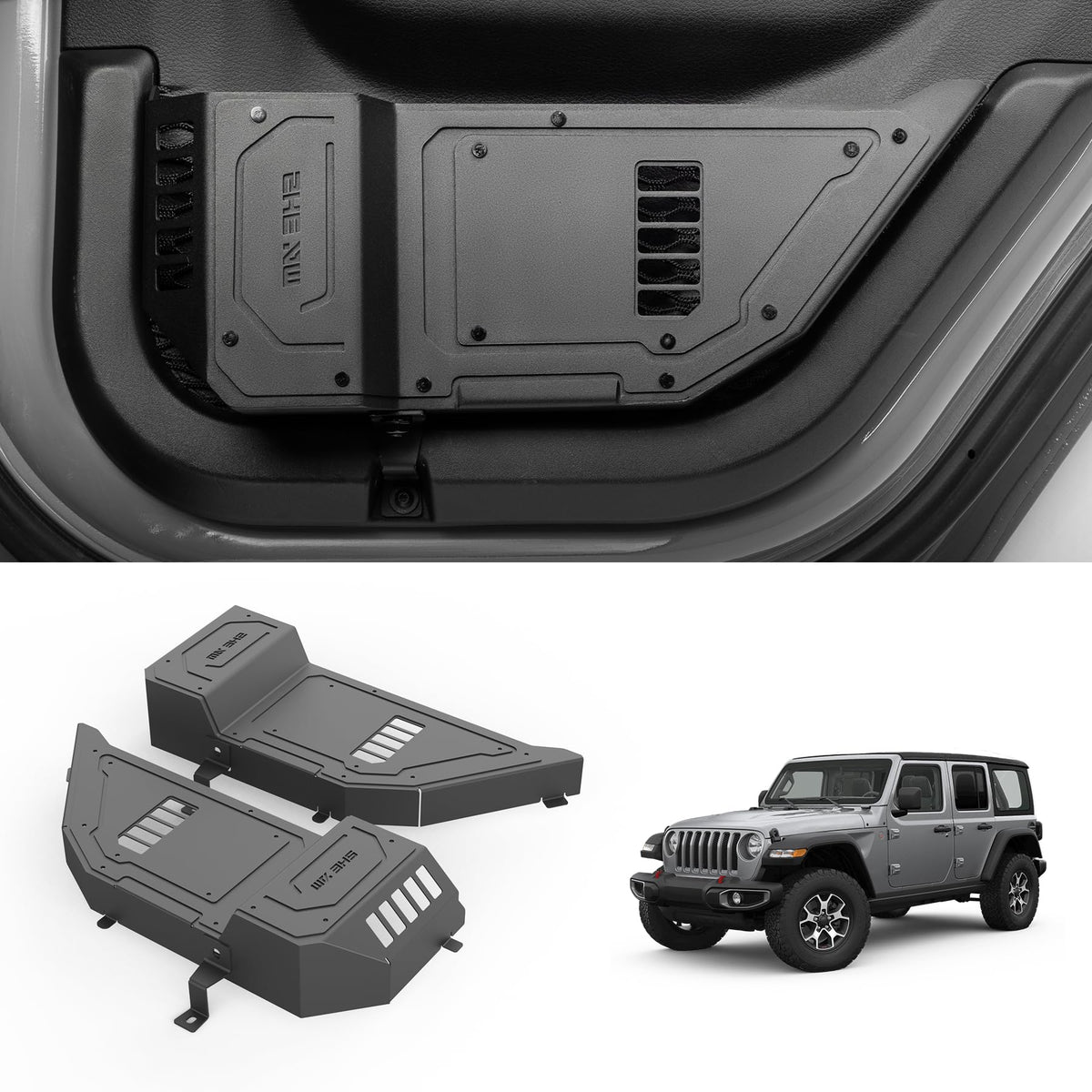 SHEAM metal rear door pocket with cup holder on Jeep Wrangler for convenient bottle storage.
