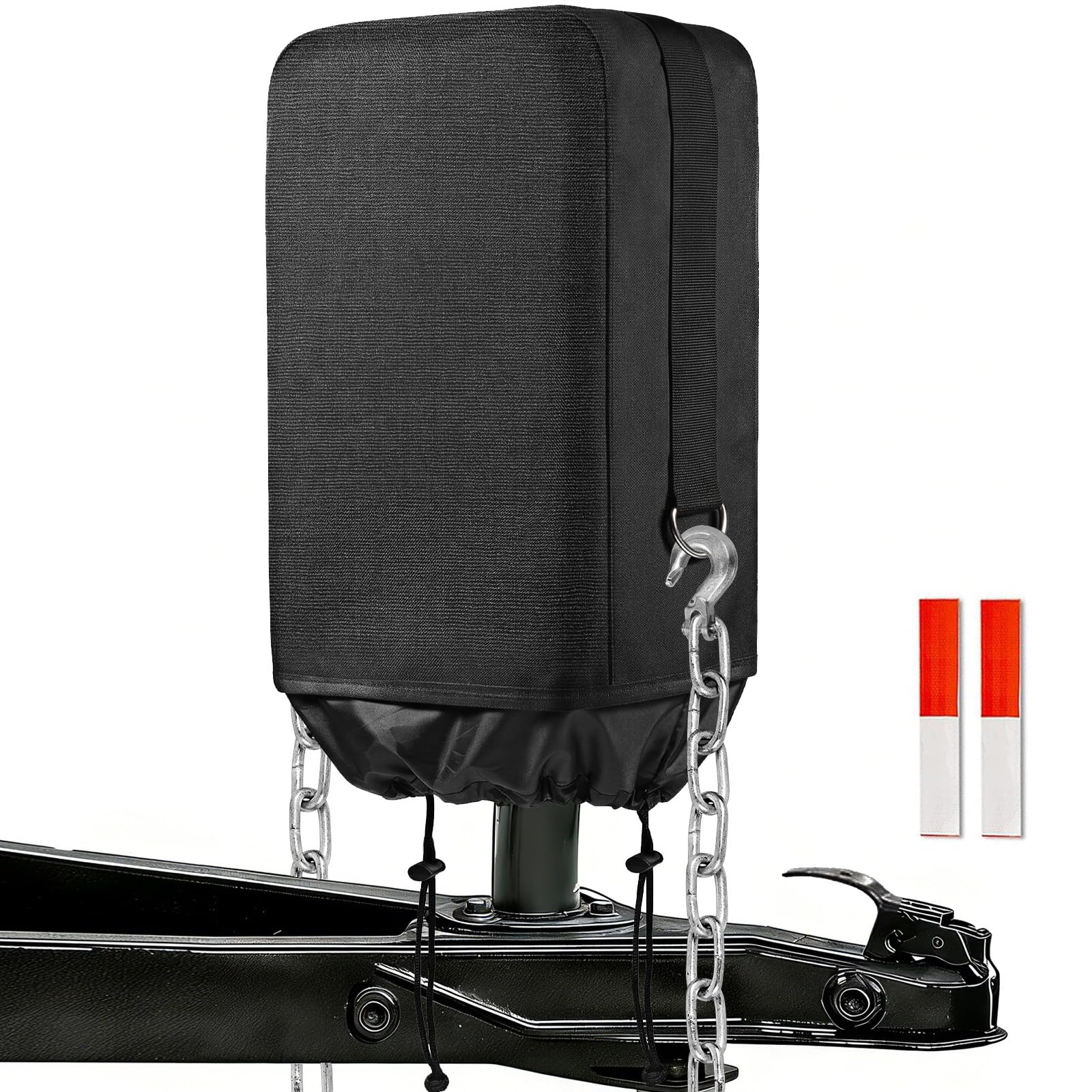 SheeChung RV jack cover front view protects a trailer jack from rain and sun.