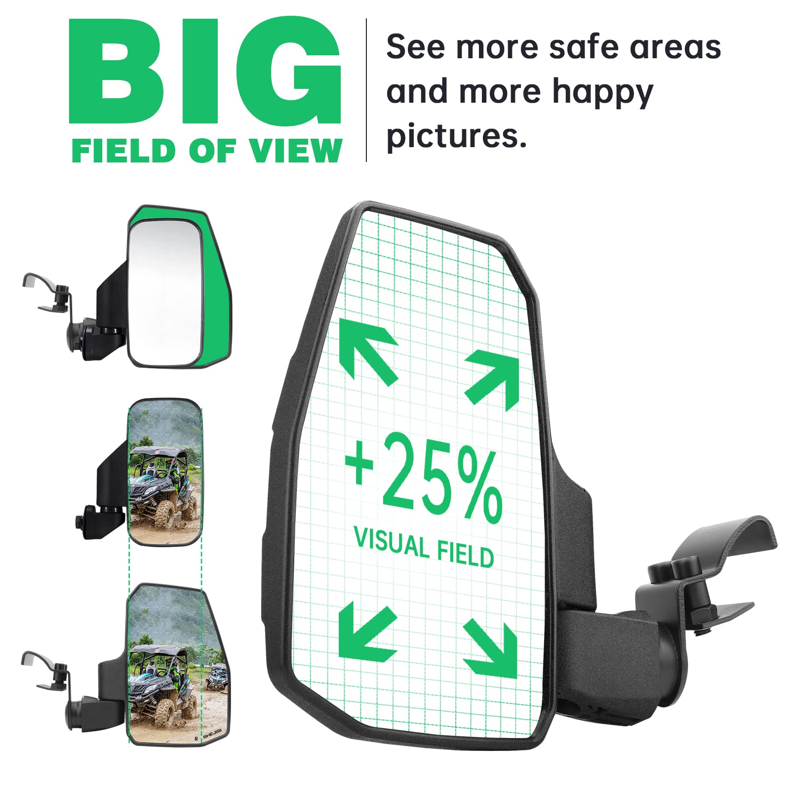 SHEJISI UTV center rearview mirror mount bar demonstrates drop-down compatibility.