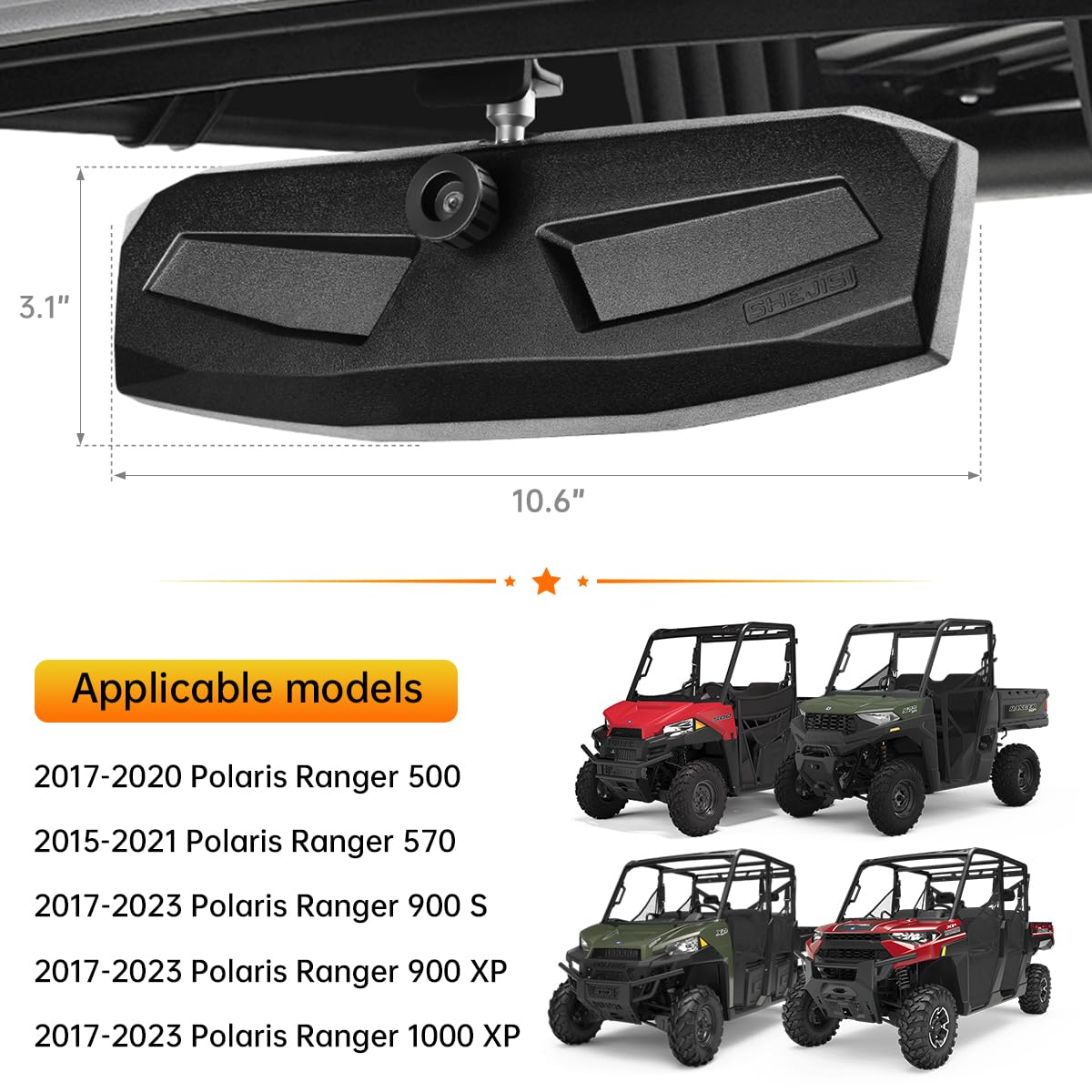 SHEJISI UTV mirror glass closeup highlights anti-dazzle convex surface.
