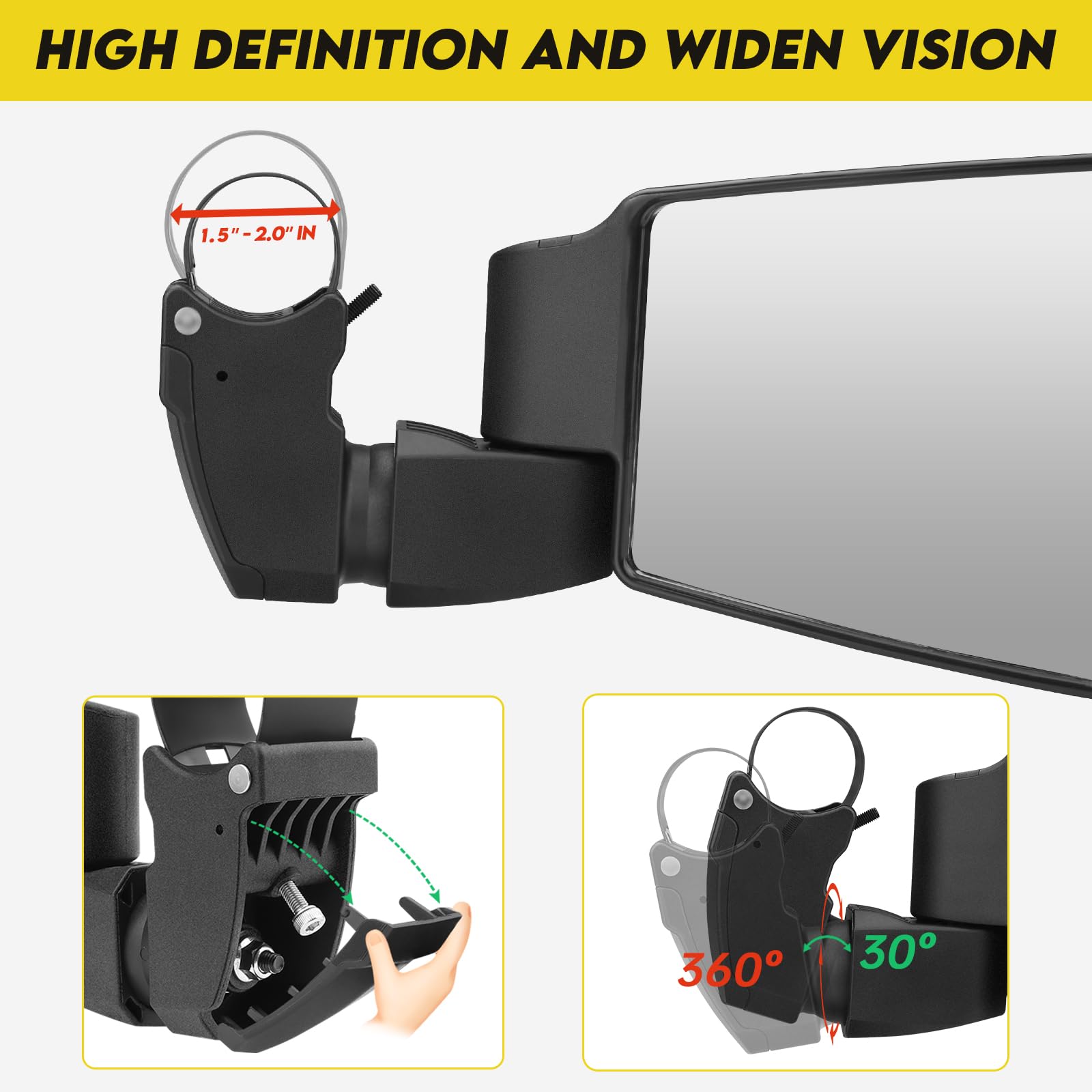 Bracket design on SHEJISI UTV mirrors preventing passenger view obstruction