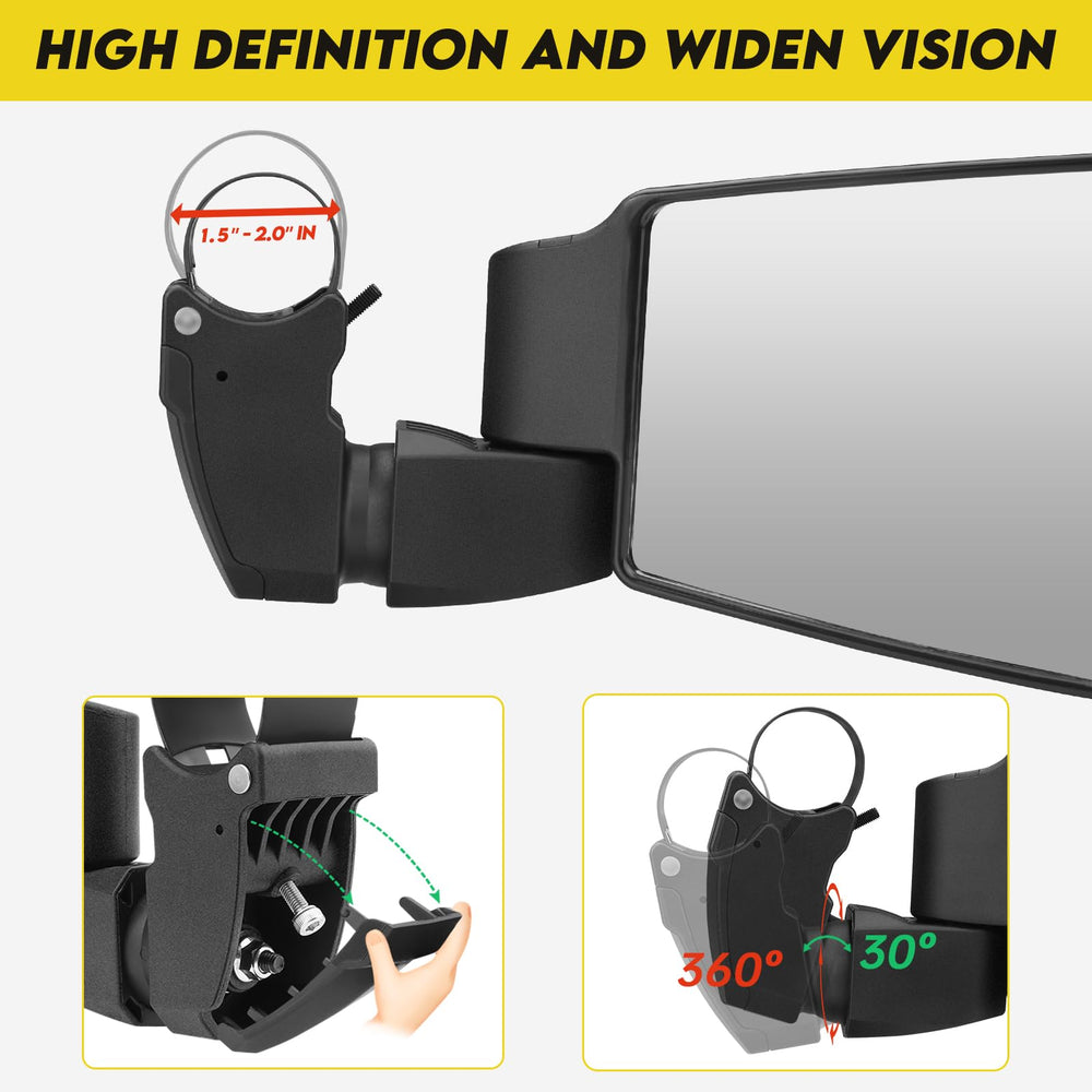 Bracket design on SHEJISI UTV mirrors preventing passenger view obstruction