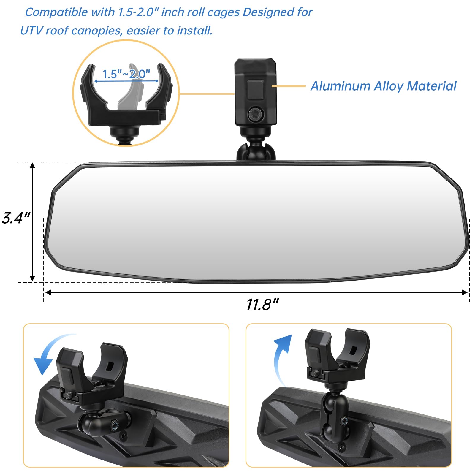 Mounted on a 1.5–2.0 inch roll cage showing broad rear visibility offered by the SHEJISI mirror.