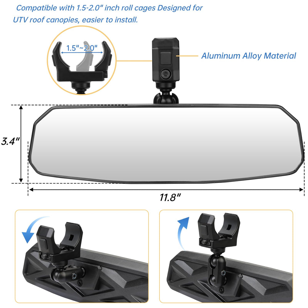 Mounted on a 1.5–2.0 inch roll cage showing broad rear visibility offered by the SHEJISI mirror.