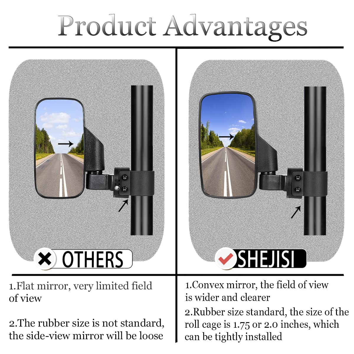 SHEJISI UTV side mirror mounted on a 1.65–2 inch roll cage for easy fit