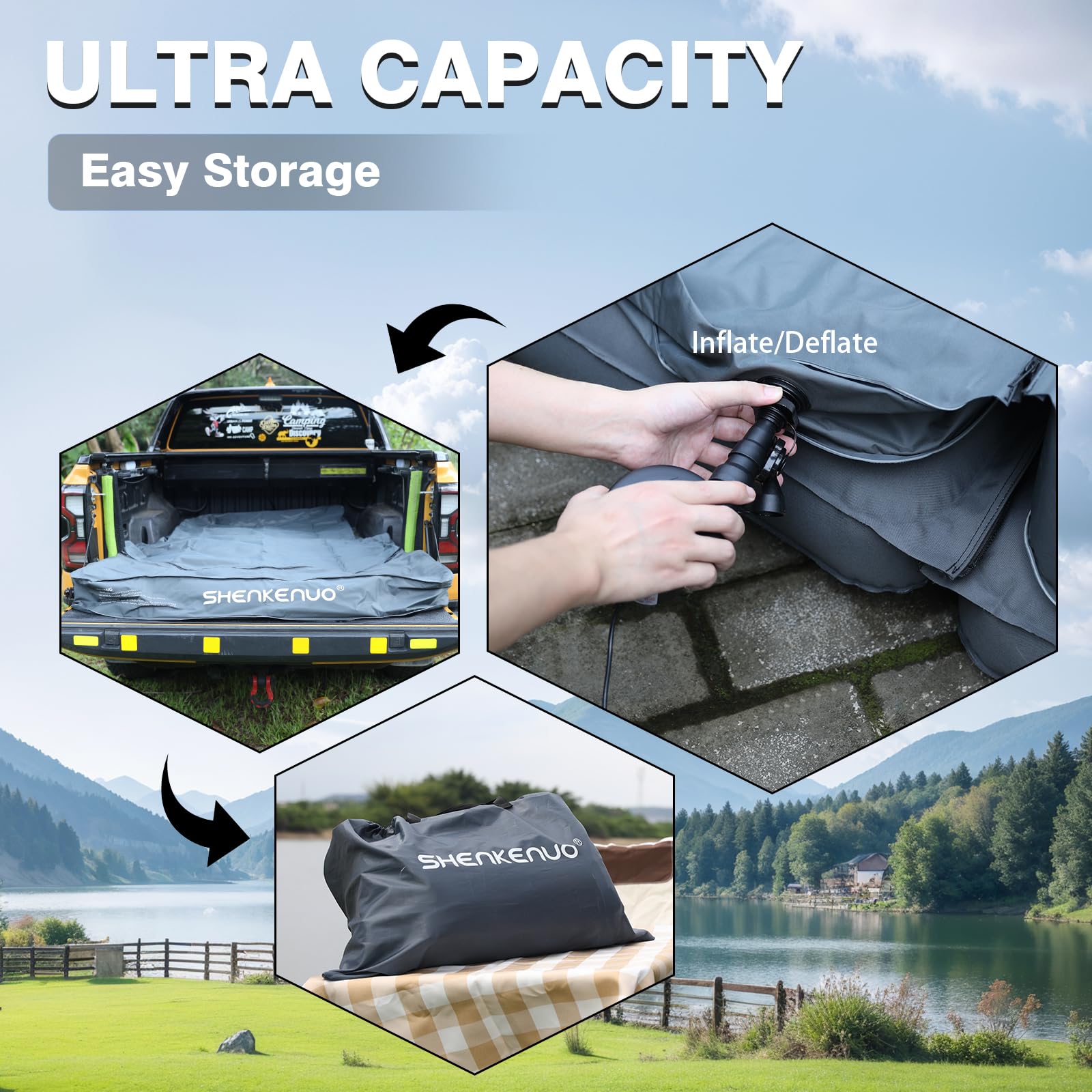 SHENKENUO 300D Oxford fabric enhances durability and puncture resistance for rough camping.