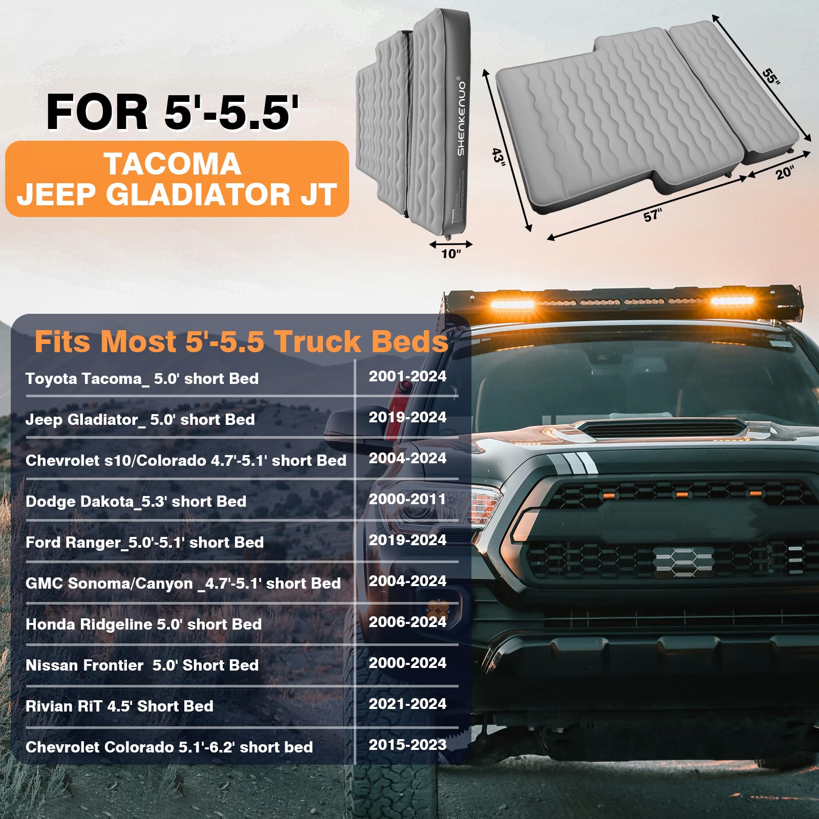 SHENKENUO truck bed air mattress Gladiator fit supports restful nights on rough terrain.