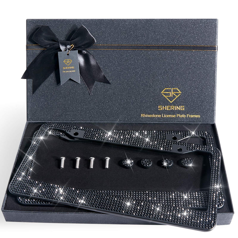Shering Bling 2 Pack license frame front view showcases dazzling rhinestones for stylish curb appeal