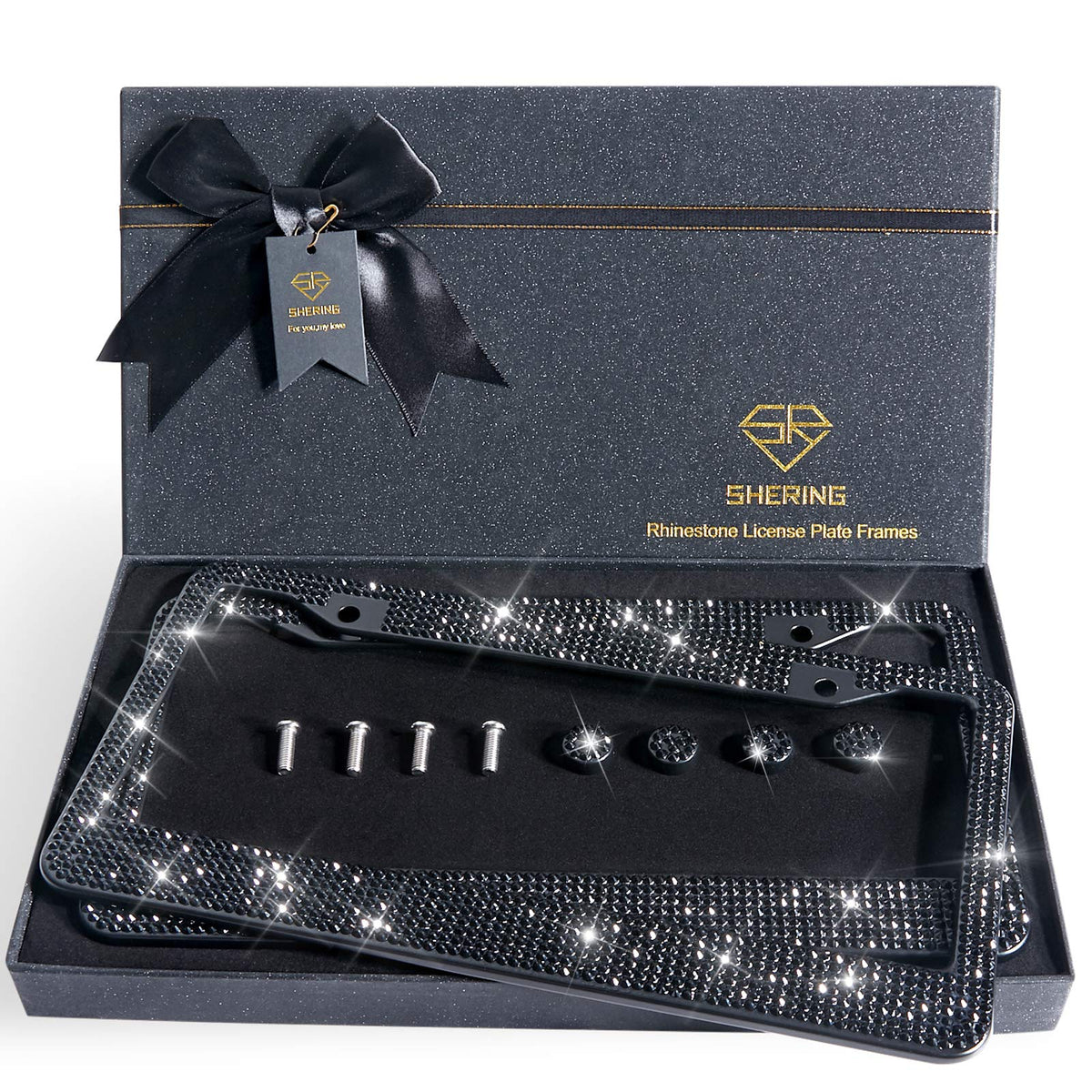 Shering Bling 2 Pack license frame front view showcases dazzling rhinestones for stylish curb appeal