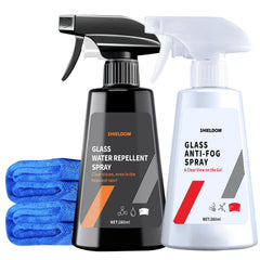 Shieldom anti-fog spray bottle on windshield demonstrates easy spray application.
