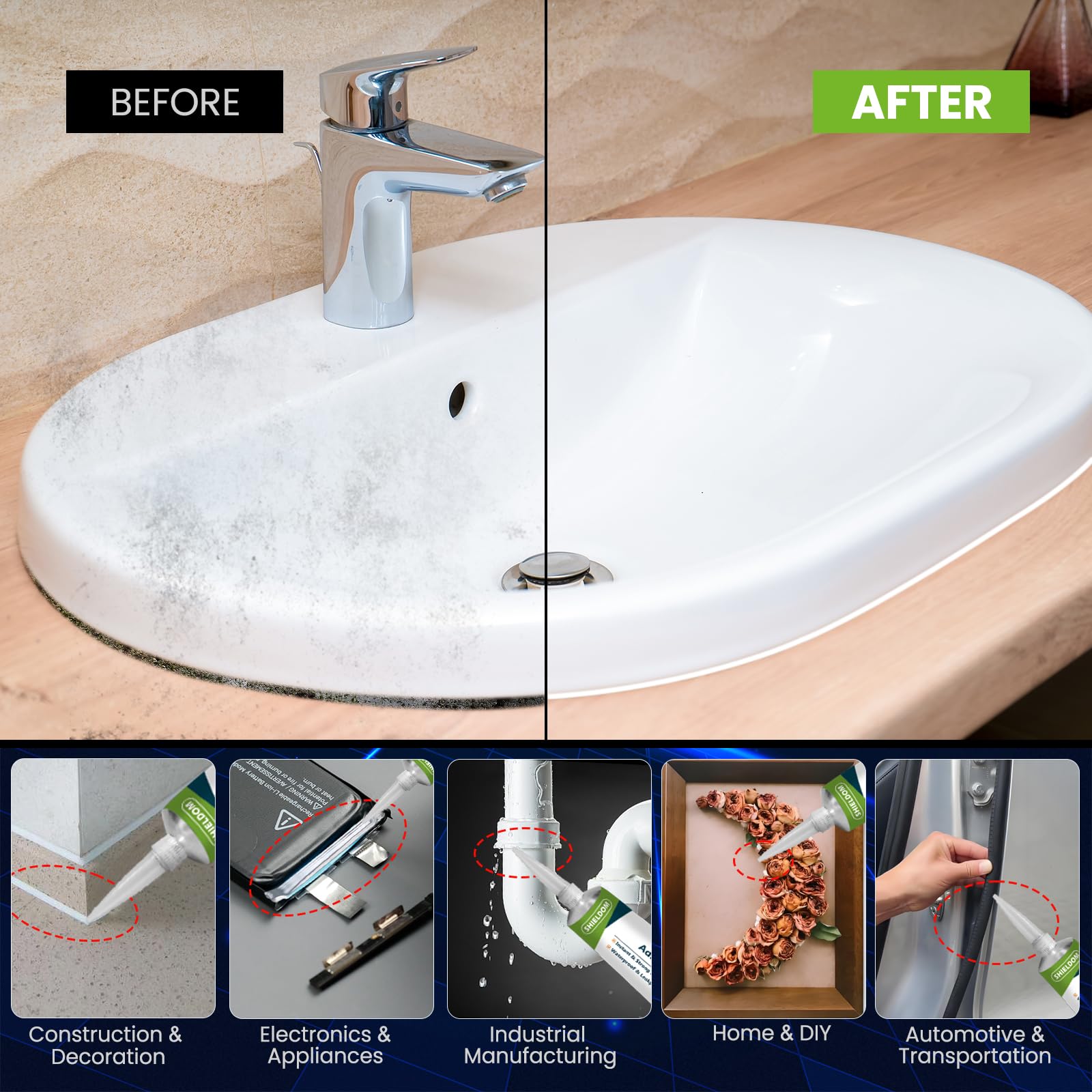 Shieldom sealant sealing kitchen counter edge, preventing moisture intrusion.