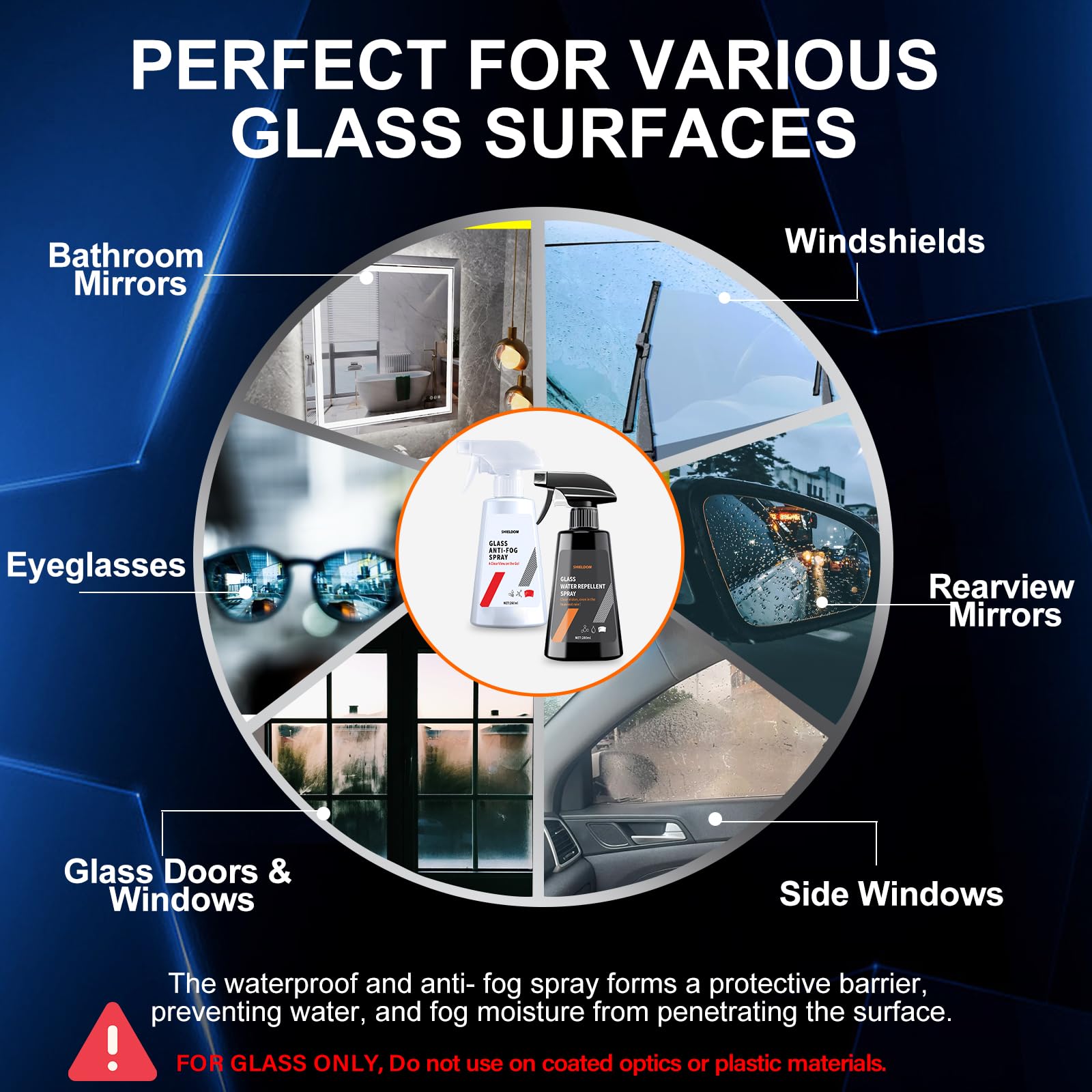 Shieldom coated glass showing clear view and water beading after spray.