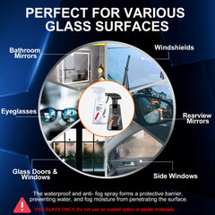 Shieldom coated glass showing clear view and water beading after spray.