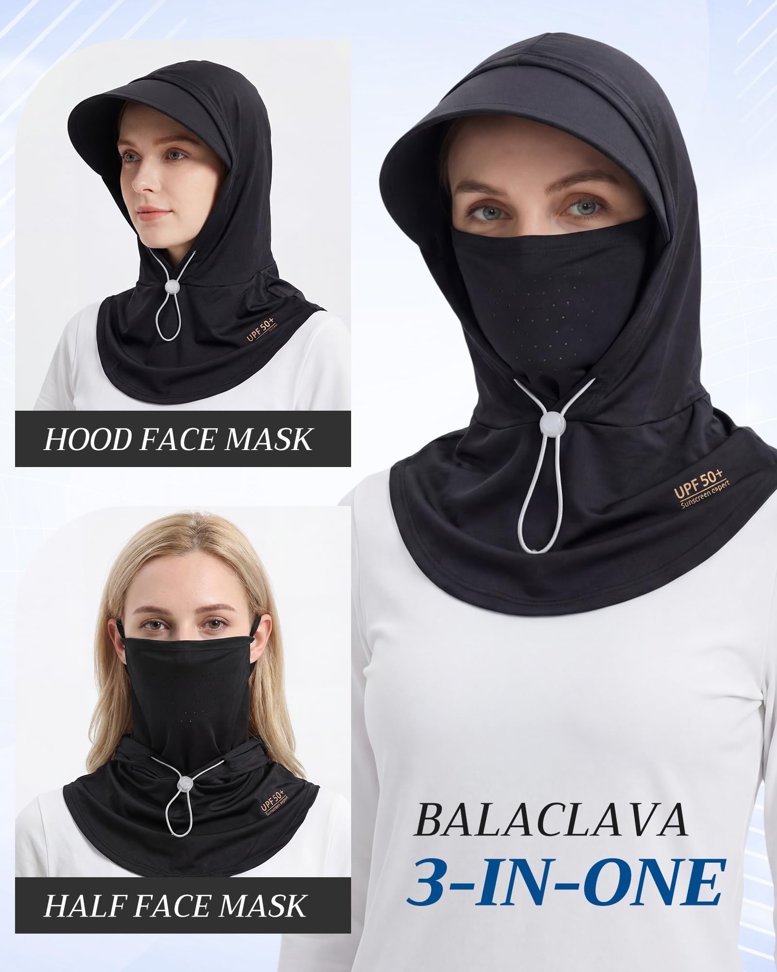 Shihanee balaclava hood close-up drawstring demonstrates adjustable fit for comfort.