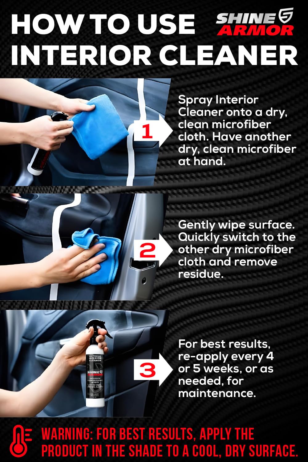 SHINE ARMOR interior cleaner multi-surface wipe removes dirt from console and trim.