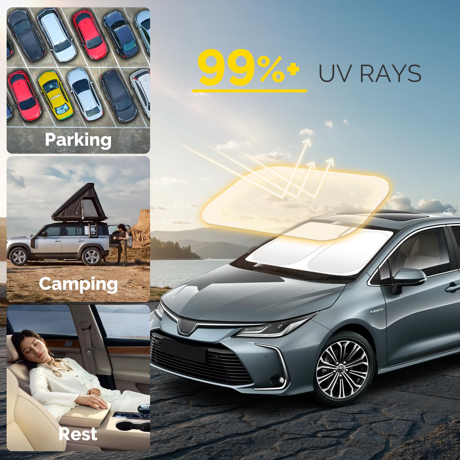 SHINEHOME Corolla sun shade folded for compact storage in a car.
