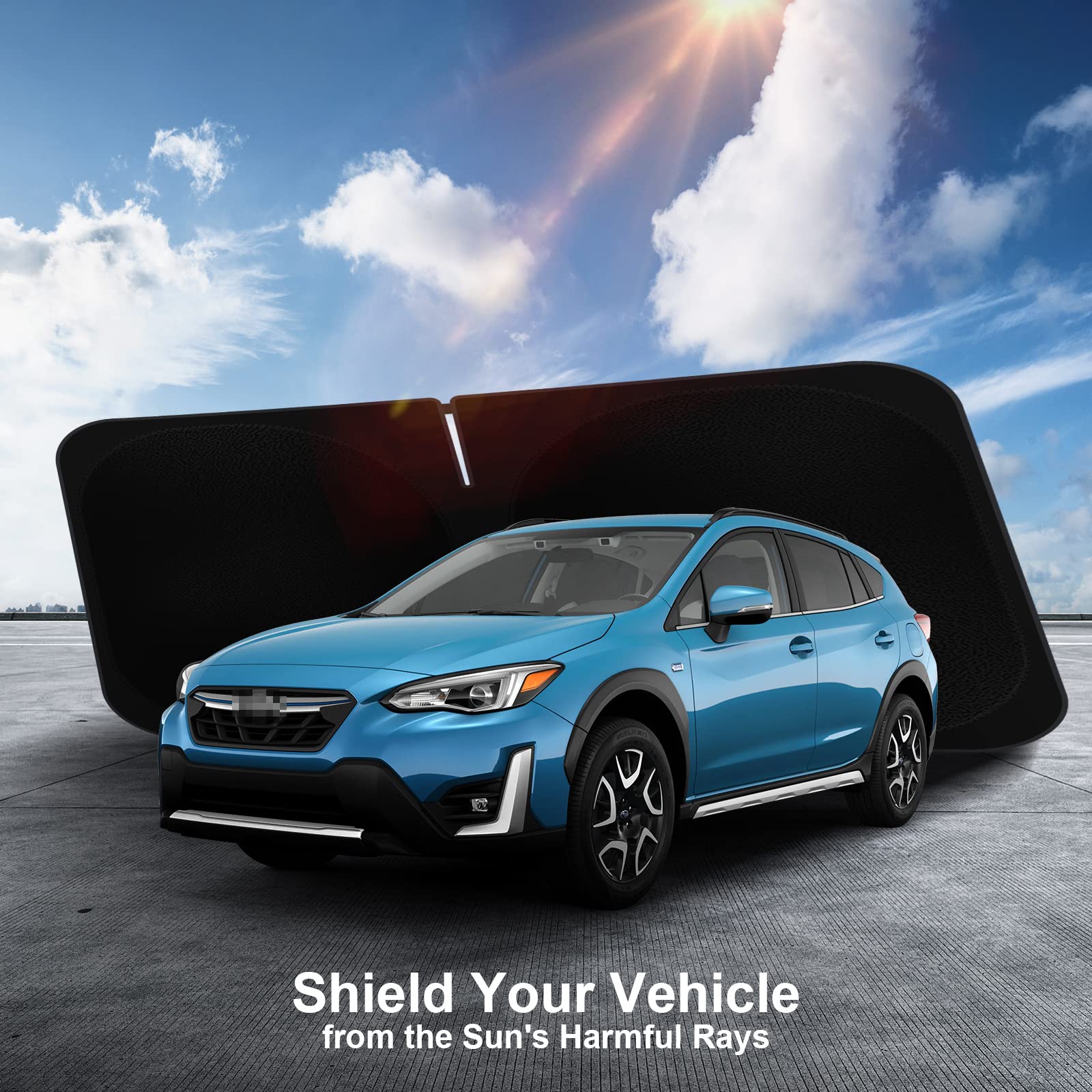 SHINEHOME Crosstrek sun shade protects leather and interior surfaces from sun damage.