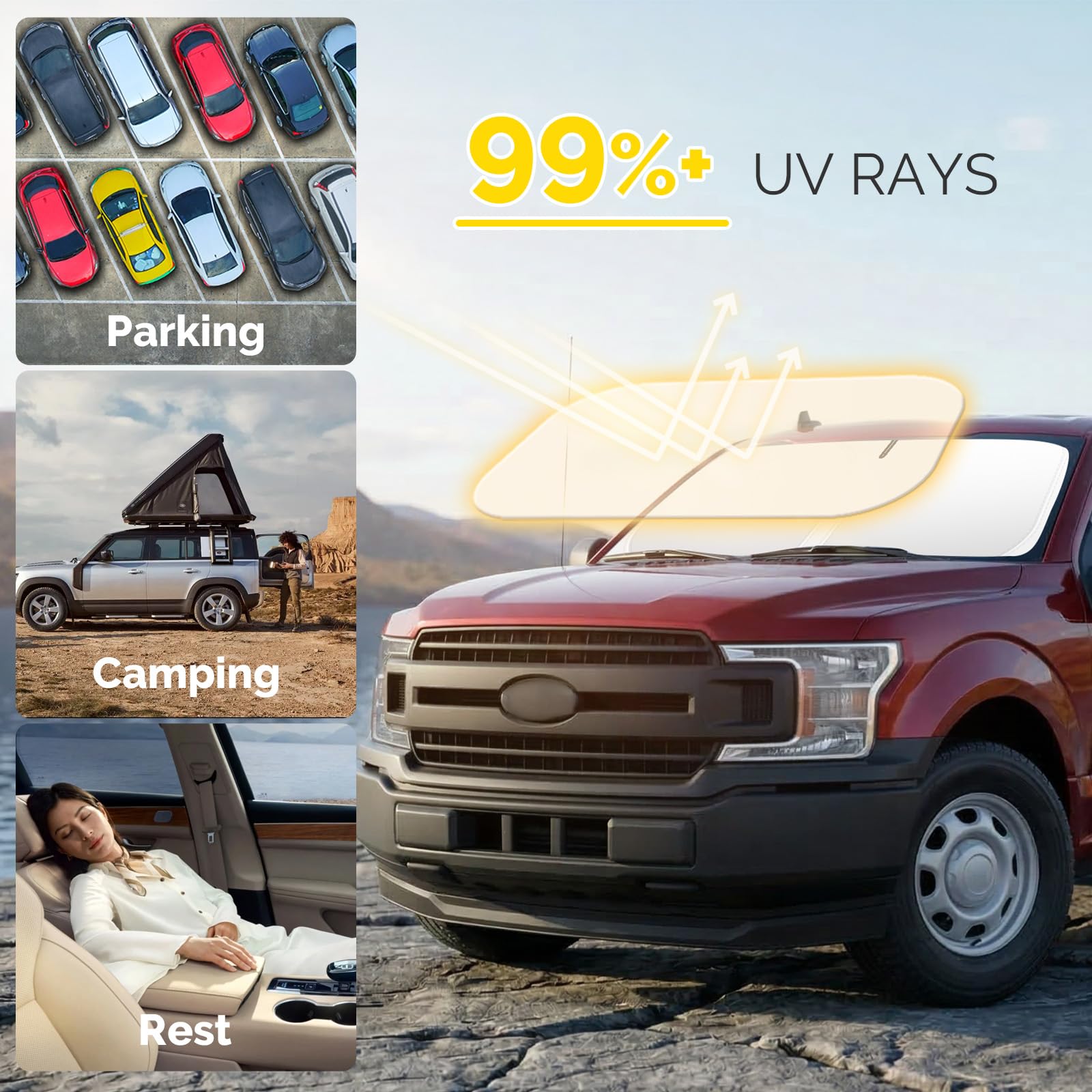 SHINEHOME F-150 sun shade folded and stored in compact storage bag.