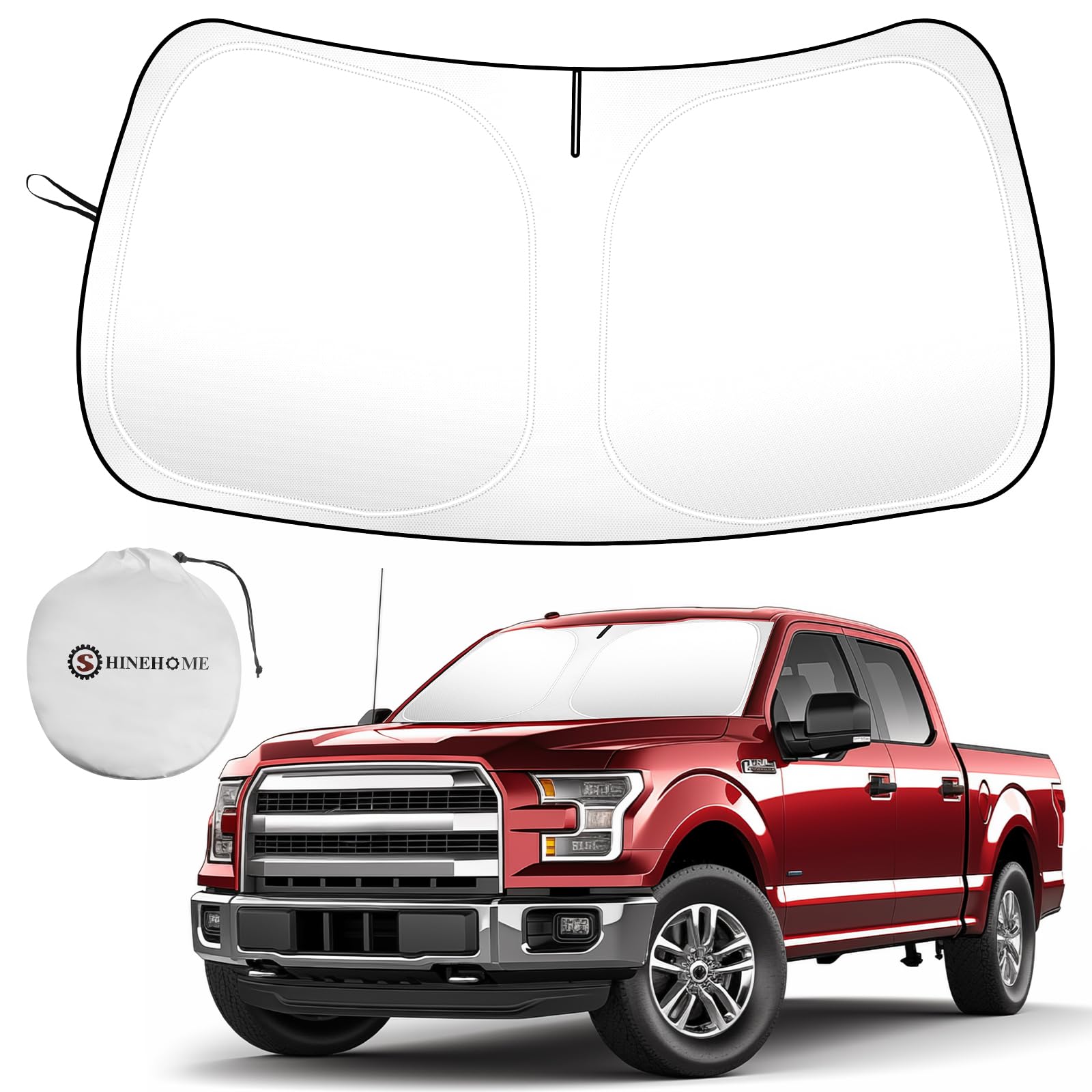 SHINEHOME F-150 sun shade front view with full windshield coverage and snug fit.