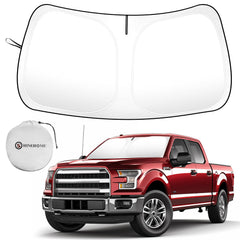 SHINEHOME F-150 sun shade front view with full windshield coverage and snug fit.