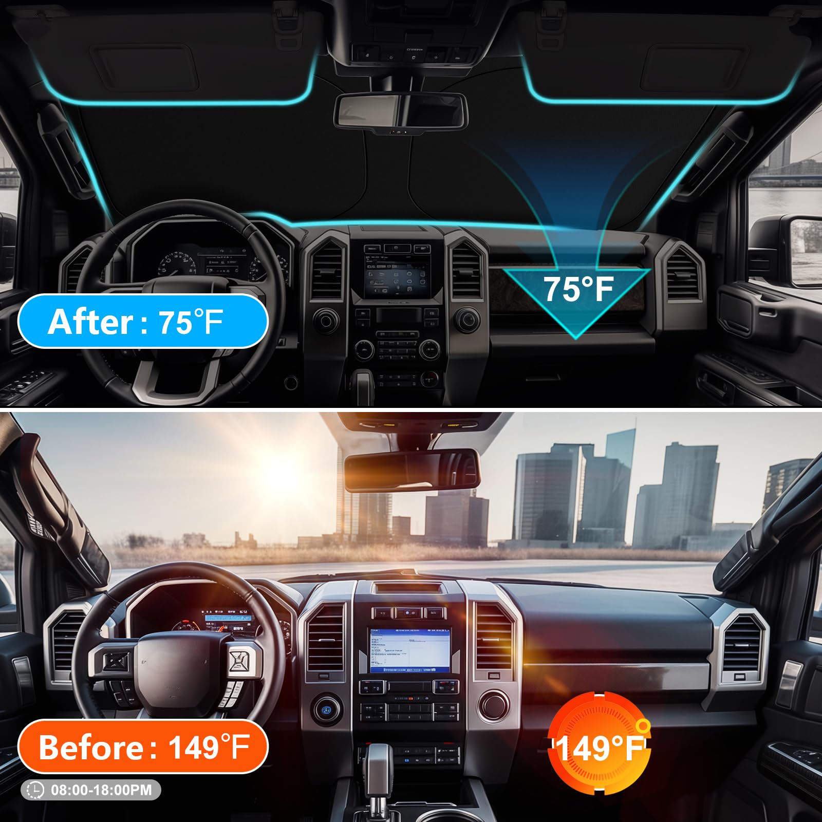 Reflective 210T fabric blocks heat and UV for a cooler cabin.