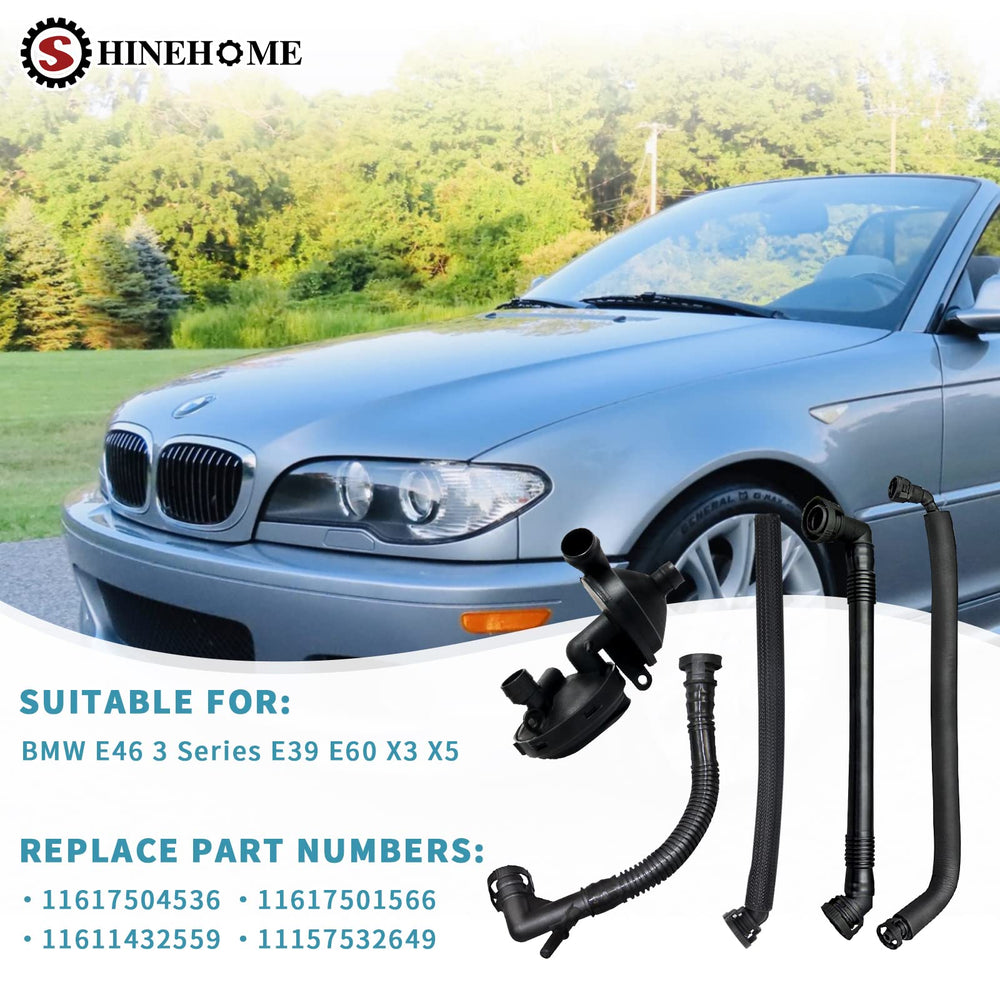 SHINEHOME PCV hose kit for BMW E39 underhood view, offering direct-fit compatibility.
