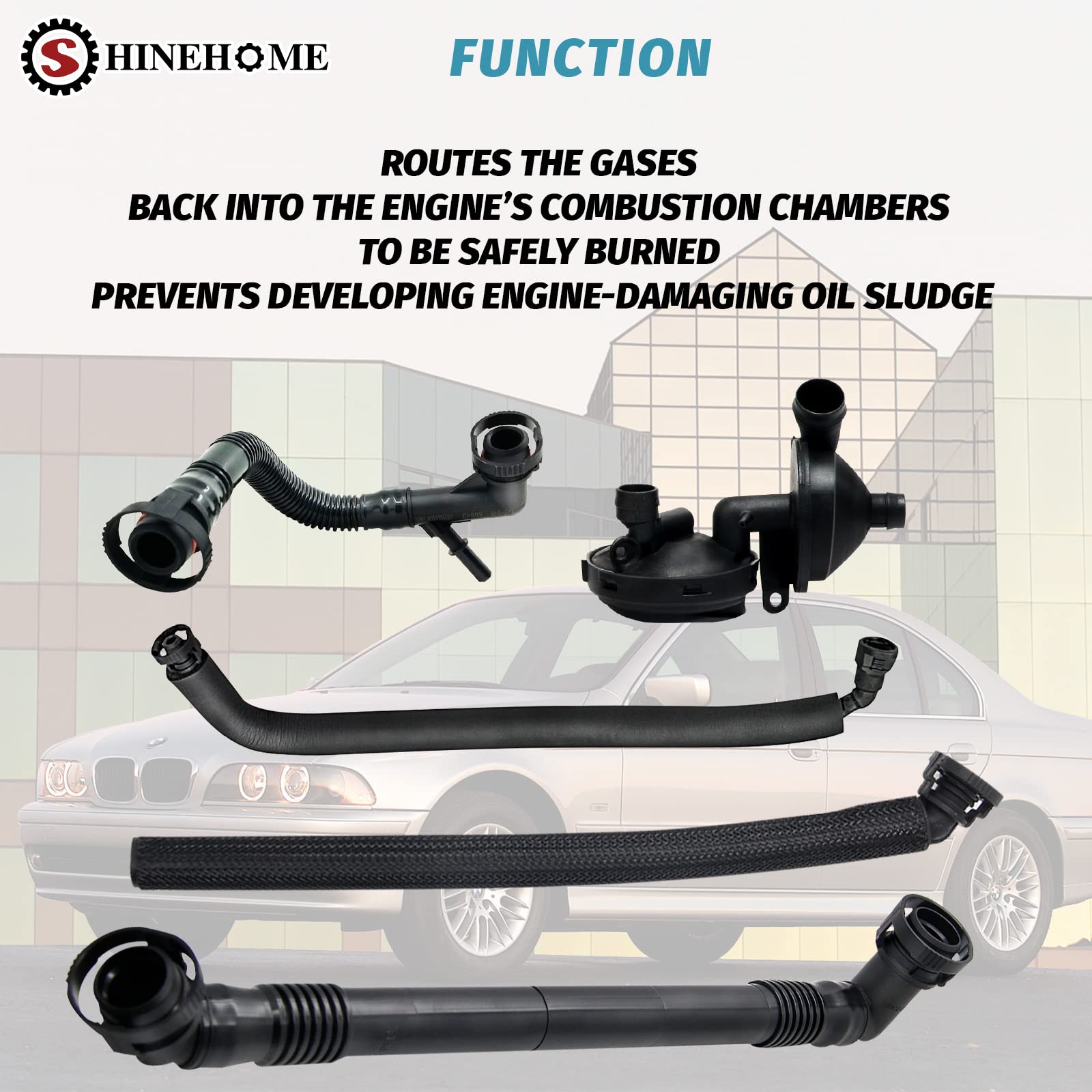 SHINEHOME PCV hose kit in BMW E60 engine bay, showcasing heat resistant construction.