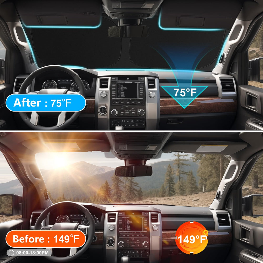 SHINEHOME Rav4 sunshade extended windshield demonstrates heat reduction and cooler driving conditions.