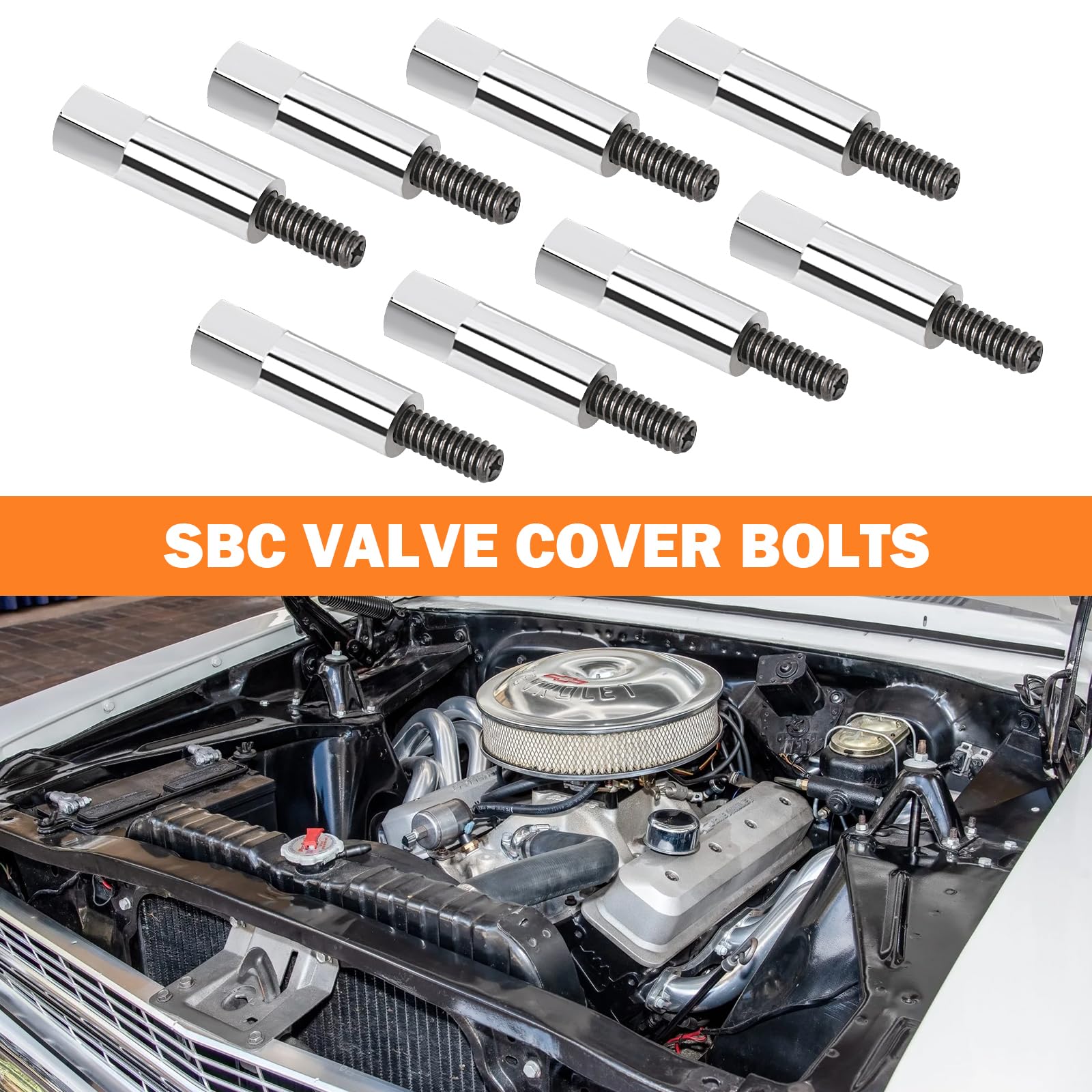 SHINEHOME SBC valve cover bolts eight-piece set with chrome finish keeps valve covers secure.