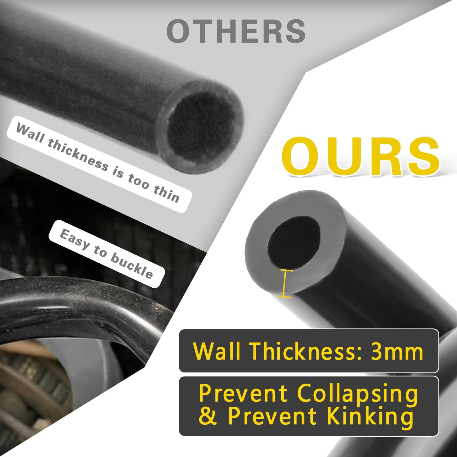Shineyoo silicone vacuum hose 3-16 inch helps prevent kinks during tight engine routing.