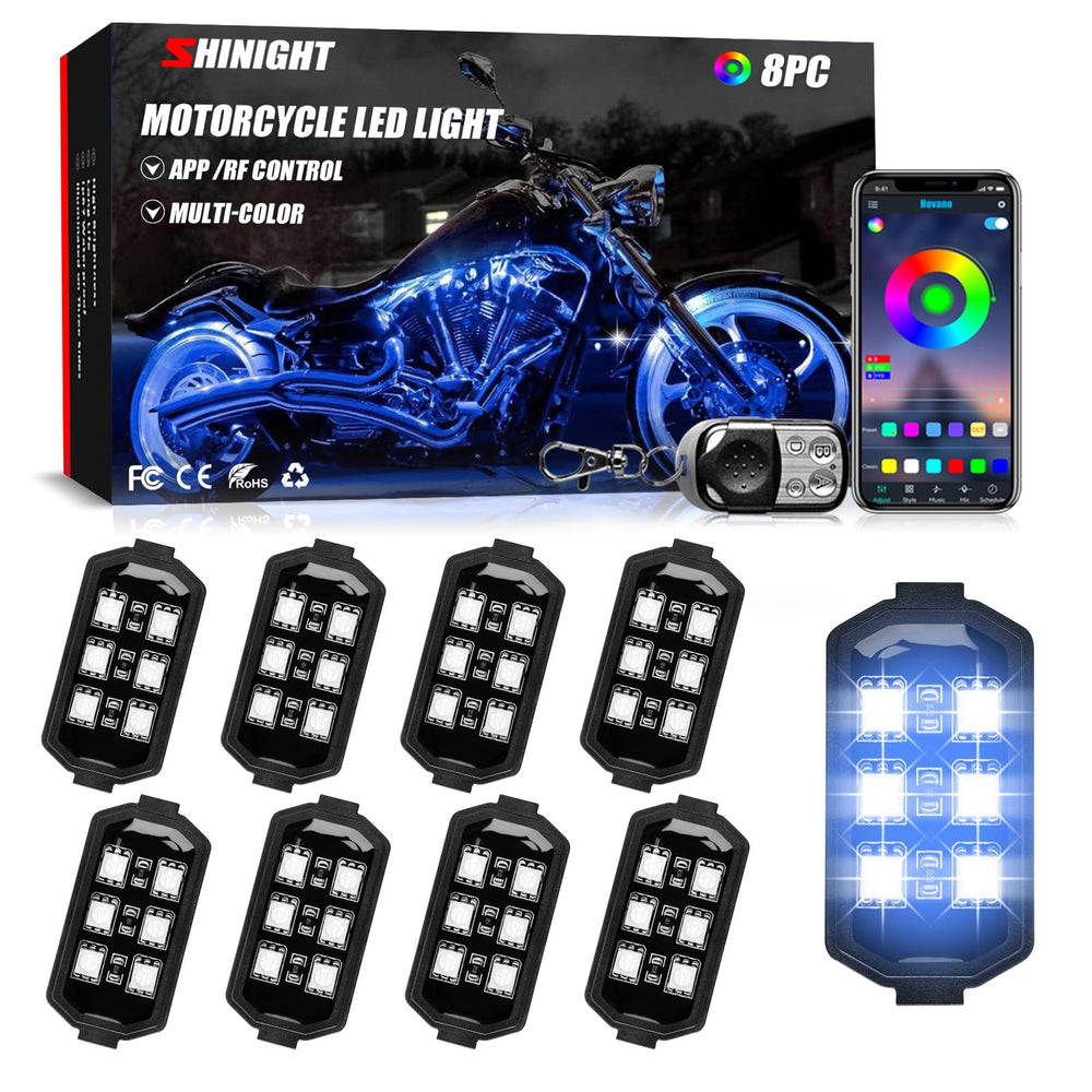 SHINIGHT 8-pcs motorcycle LED light kit close-up showing easy installation with RGB strips.