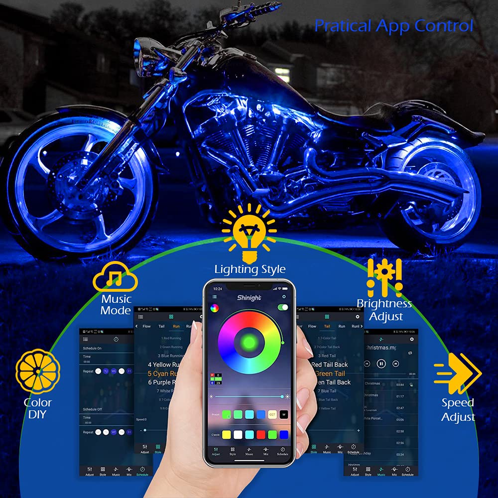 SHINIGHT lights app control interface on smartphone for quick color and scene changes.