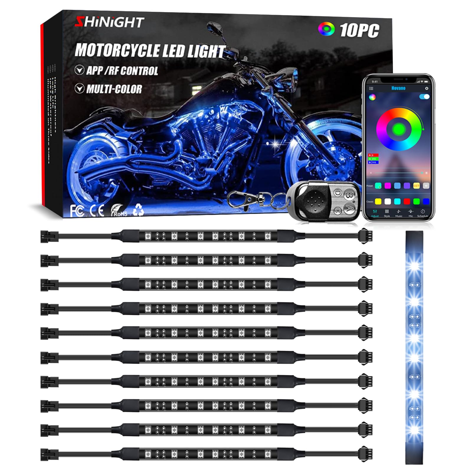 SHINIGHT motorcycle LED kit strip close-up showing vivid RGB glow for night rides.